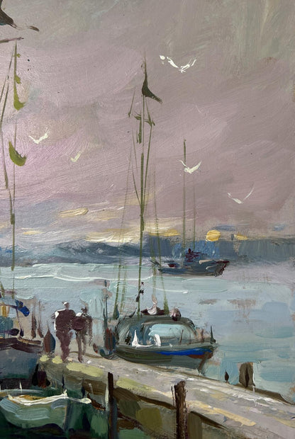 Soft pastel oil painting Where boats sleep at the pier by Yuriy Suprunchuk