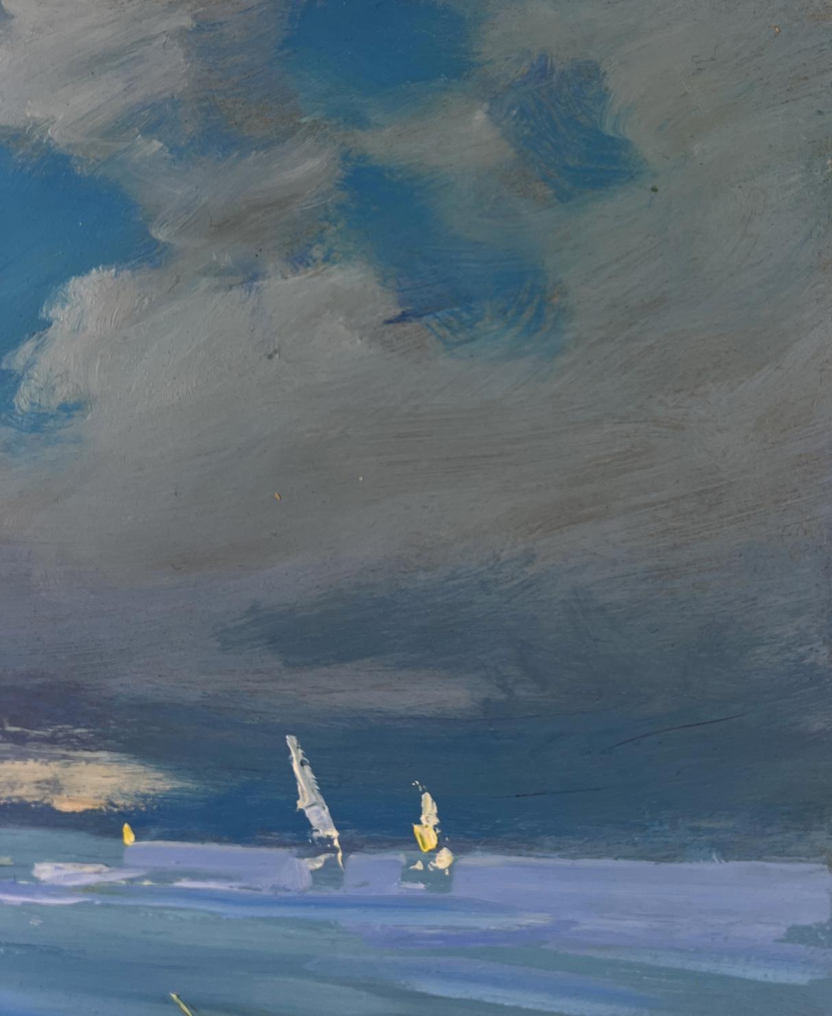 Serene impressionist oil painting of sailboats on calm water by Yuriy Suprunchuk