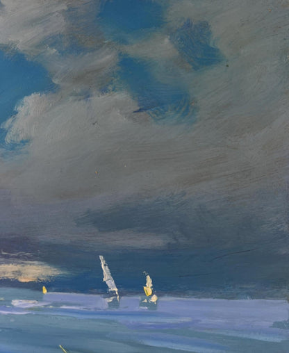 Serene impressionist oil painting of sailboats on calm water by Yuriy Suprunchuk