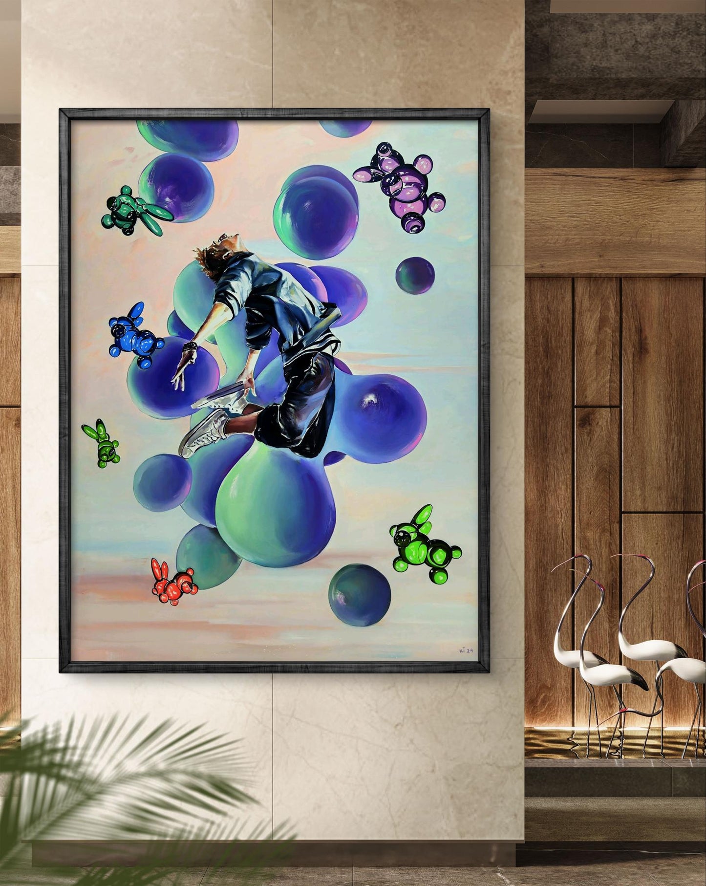 Vibrant Igor Konovalov oil painting of TikTok man jumping with balloons and cartoon animals