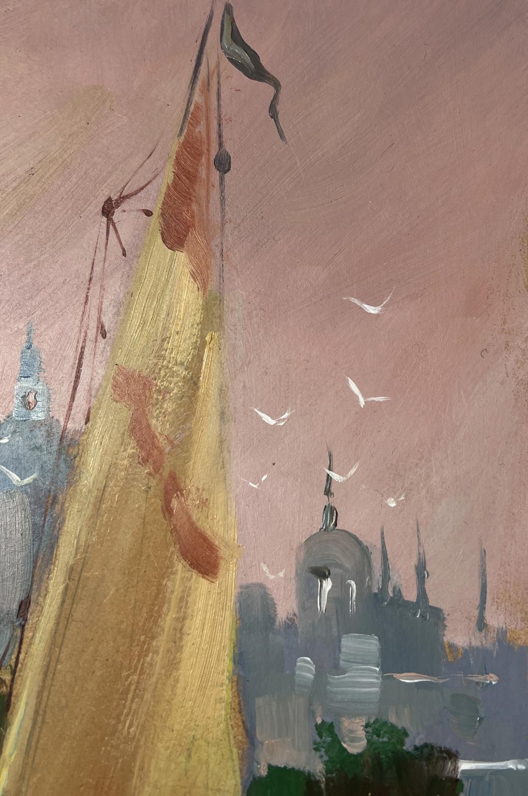 Oil painting by Yuriy Suprunchuk: golden sail billows in pink sky