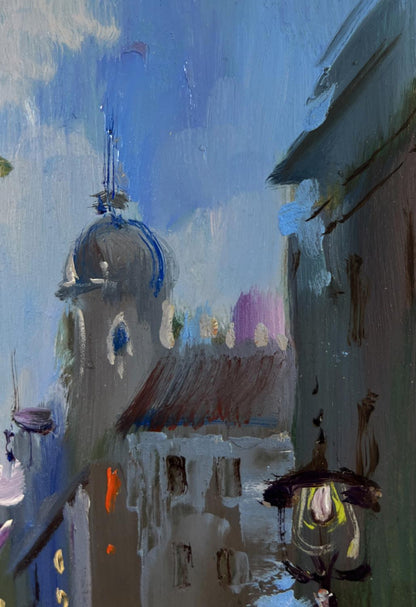 Oil painting of rainy city domed church tower by Yuriy Suprunchuk