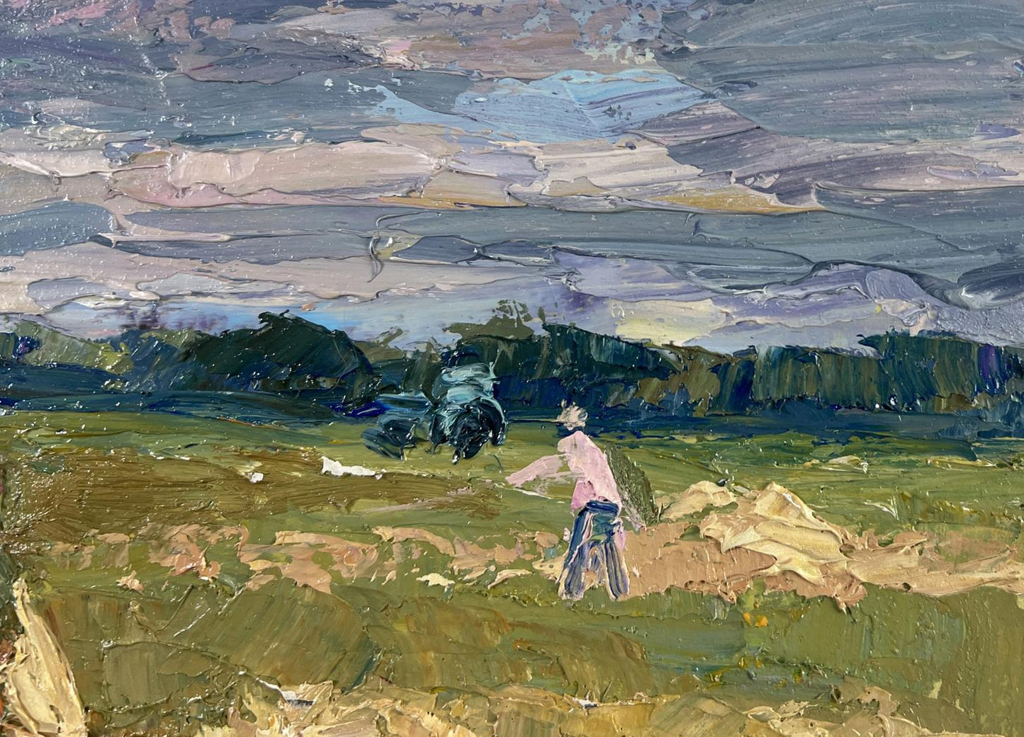 Oil painting by Boris Serdyuk: worker in pink on green field under blue sky
