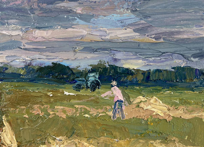 Oil painting by Boris Serdyuk: worker in pink on green field under blue sky