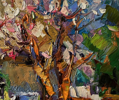 Vibrant oil painting of village house and blossoming tree by Oksana Ivanyuk