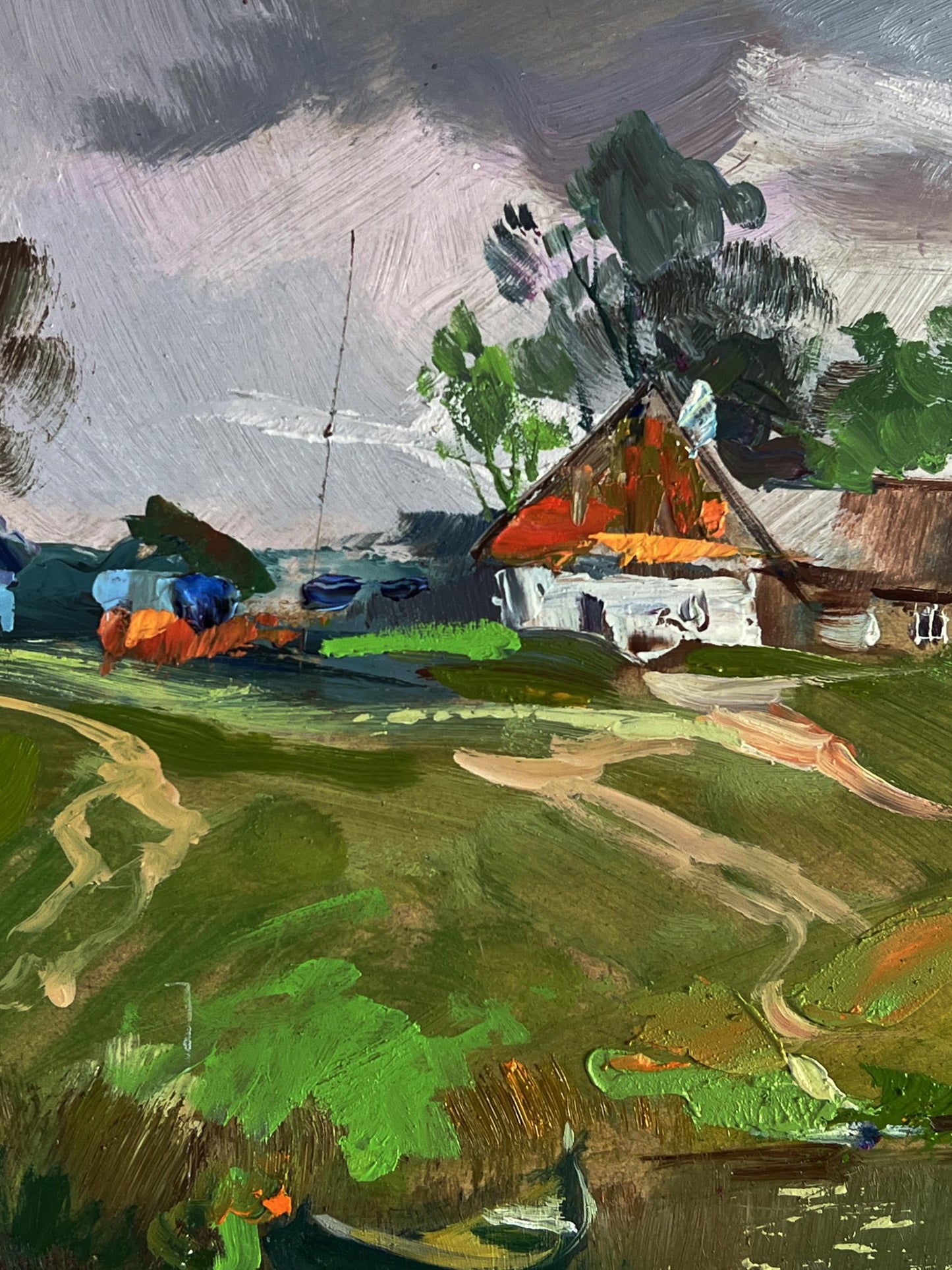 Oil painting of river near Yuriy Suprunchuk village with rustic white house