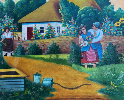 Vibrant oil painting of evening romance: two women in embroidered attire by thatched cottage with flowers