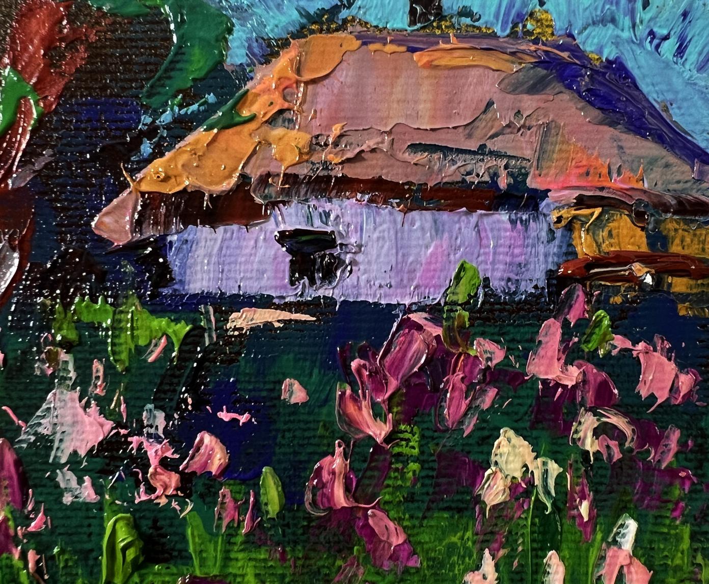 Oil painting of blooming home garden cottage by Oleksiy Ivanyuk