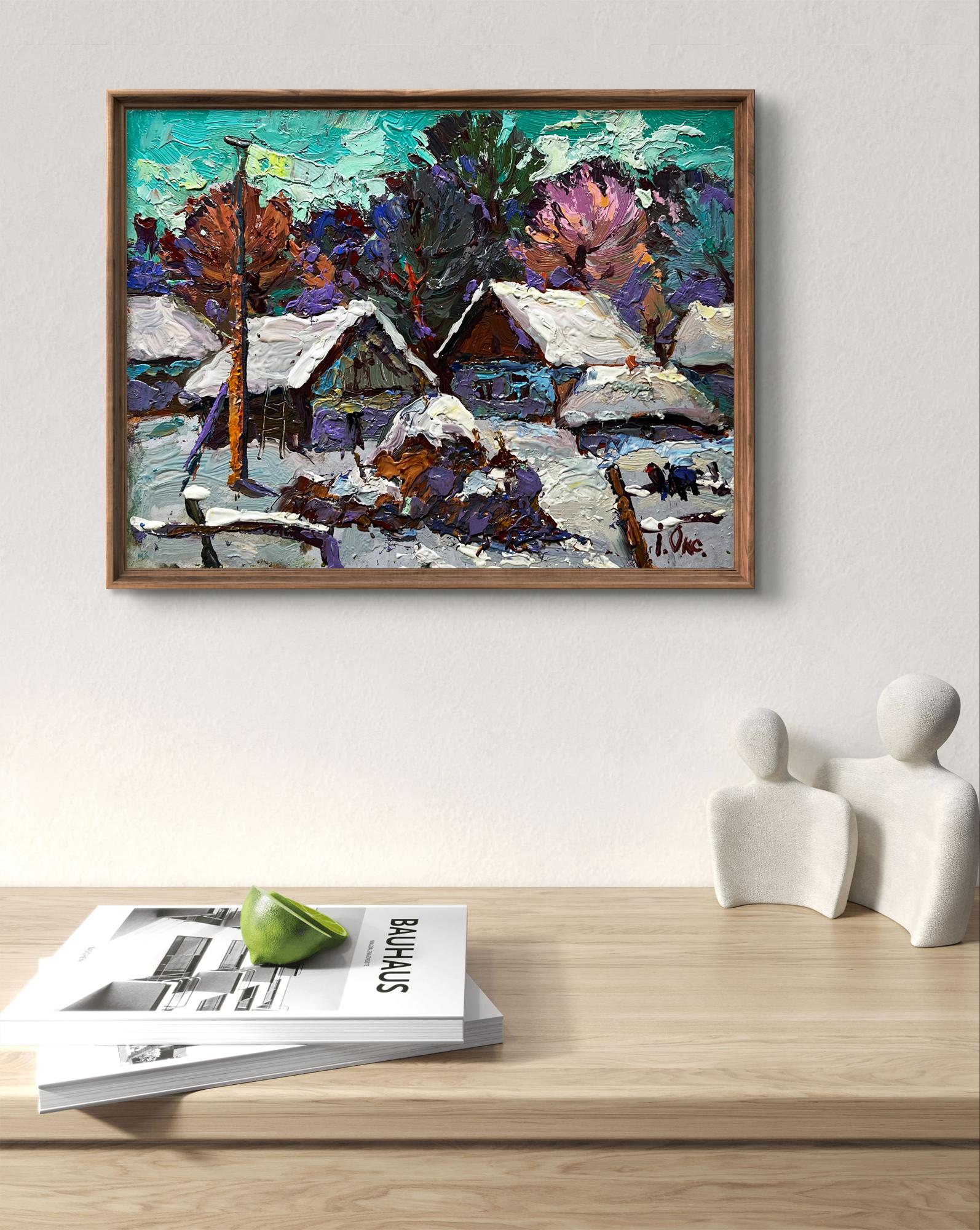 Oil painting The yard is covered in snow by Oksana Ivanyuk in wooden frame