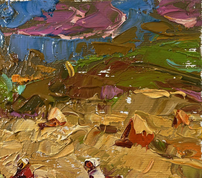 Impressionistic oil painting of harvesting hay in field by Oleksiy Ivanyuk