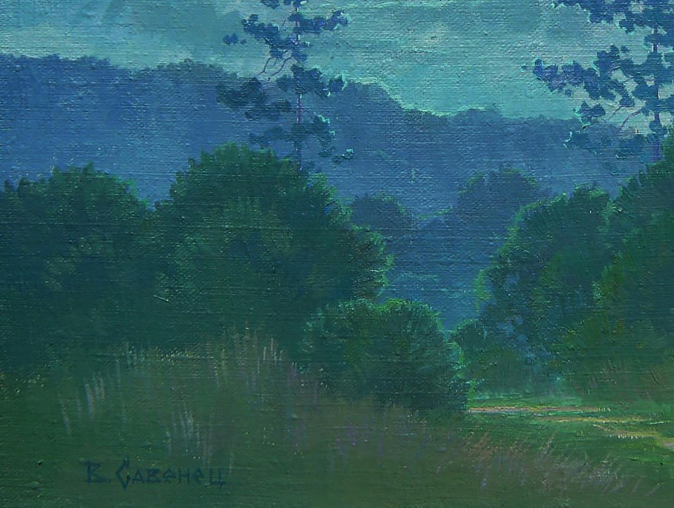 Oil painting Moonlit Night Valery Savenets with green hills under blue sky