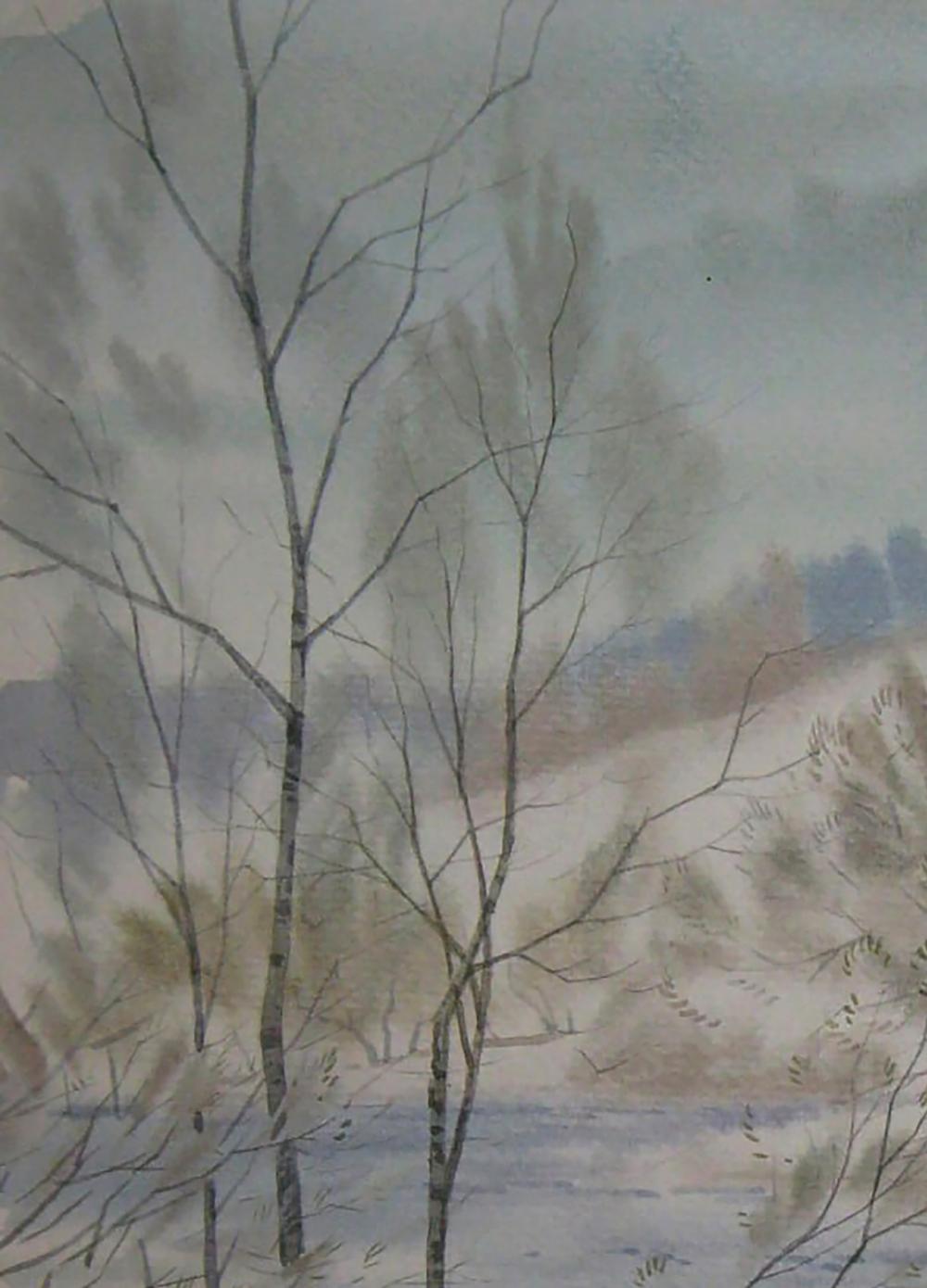 Watercolor painting of bare birch trees in misty winter by Valery Savenets