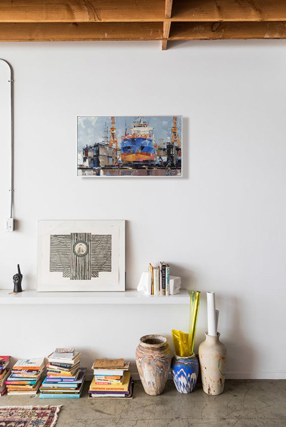 Oil painting Cargo ship Eileen C by Volodymyr Gluhomanyuk on white wall