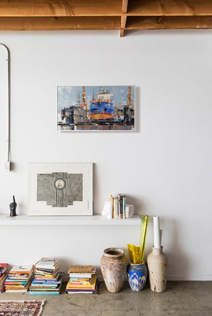 Oil painting Cargo ship Eileen C by Volodymyr Gluhomanyuk on white wall