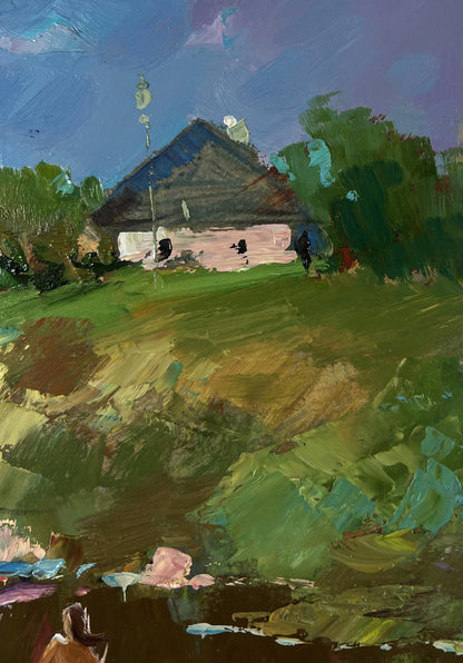 Rustic white house oil painting by Yuri Suprunchuk among green trees