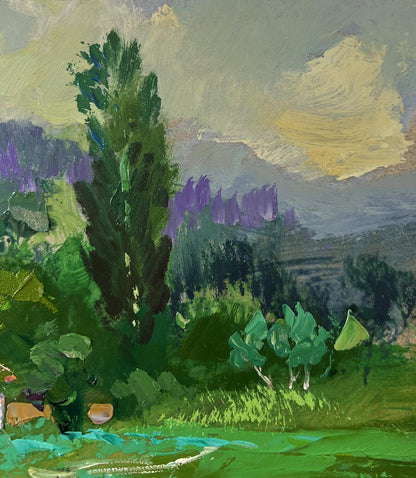 Vibrant impressionist oil painting by Yuriy Suprunchuk with green tree and purple hills