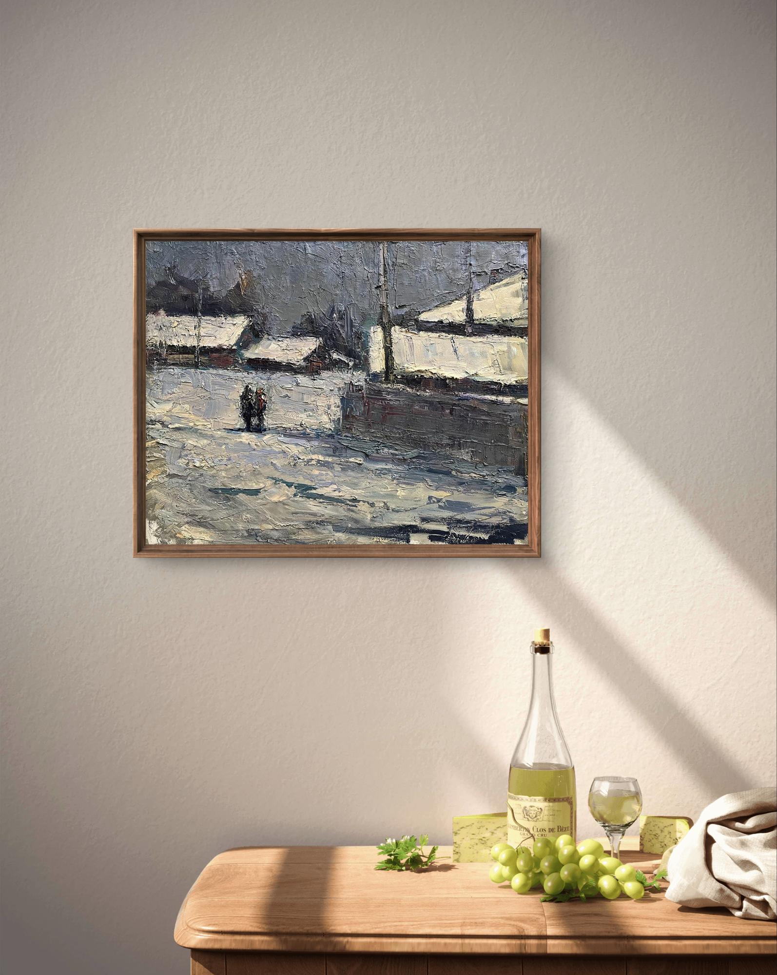 Framed impressionist Oil painting March frosts by Volodymyr Pashchenko snowy village