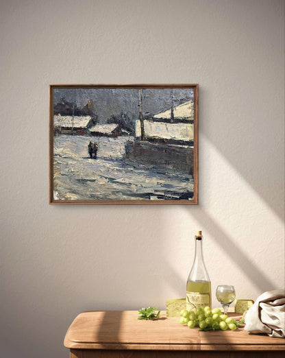 Framed impressionist Oil painting March frosts by Volodymyr Pashchenko snowy village