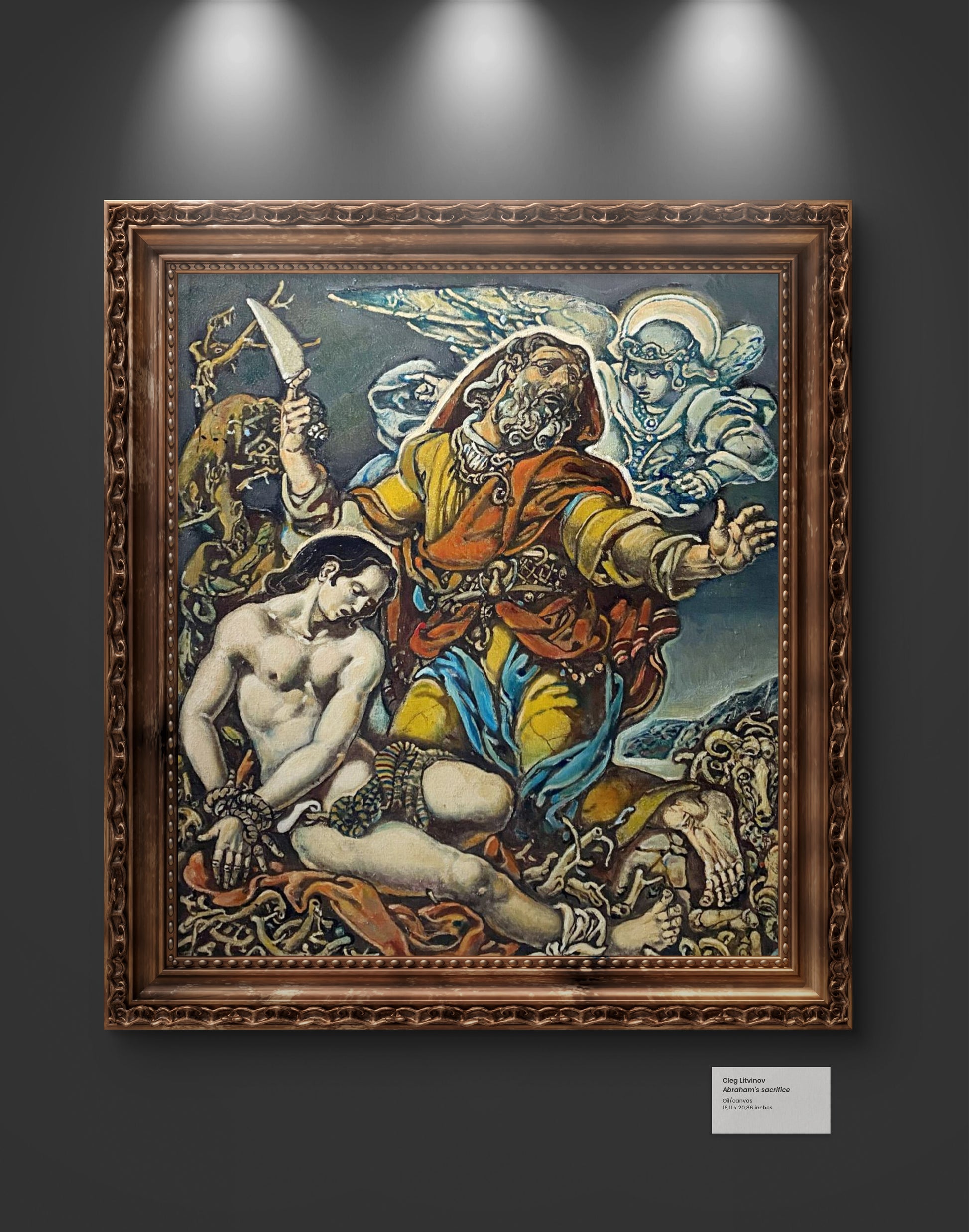 Oil painting of Abrahams sacrifice with angels by Oleg Litvinov in ornate frame