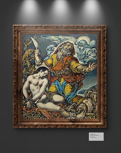 Oil painting of Abrahams sacrifice with angels by Oleg Litvinov in ornate frame