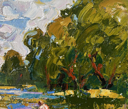 Vibrant impressionist oil painting of boat ride along river by Oleksiy Ivanyuk