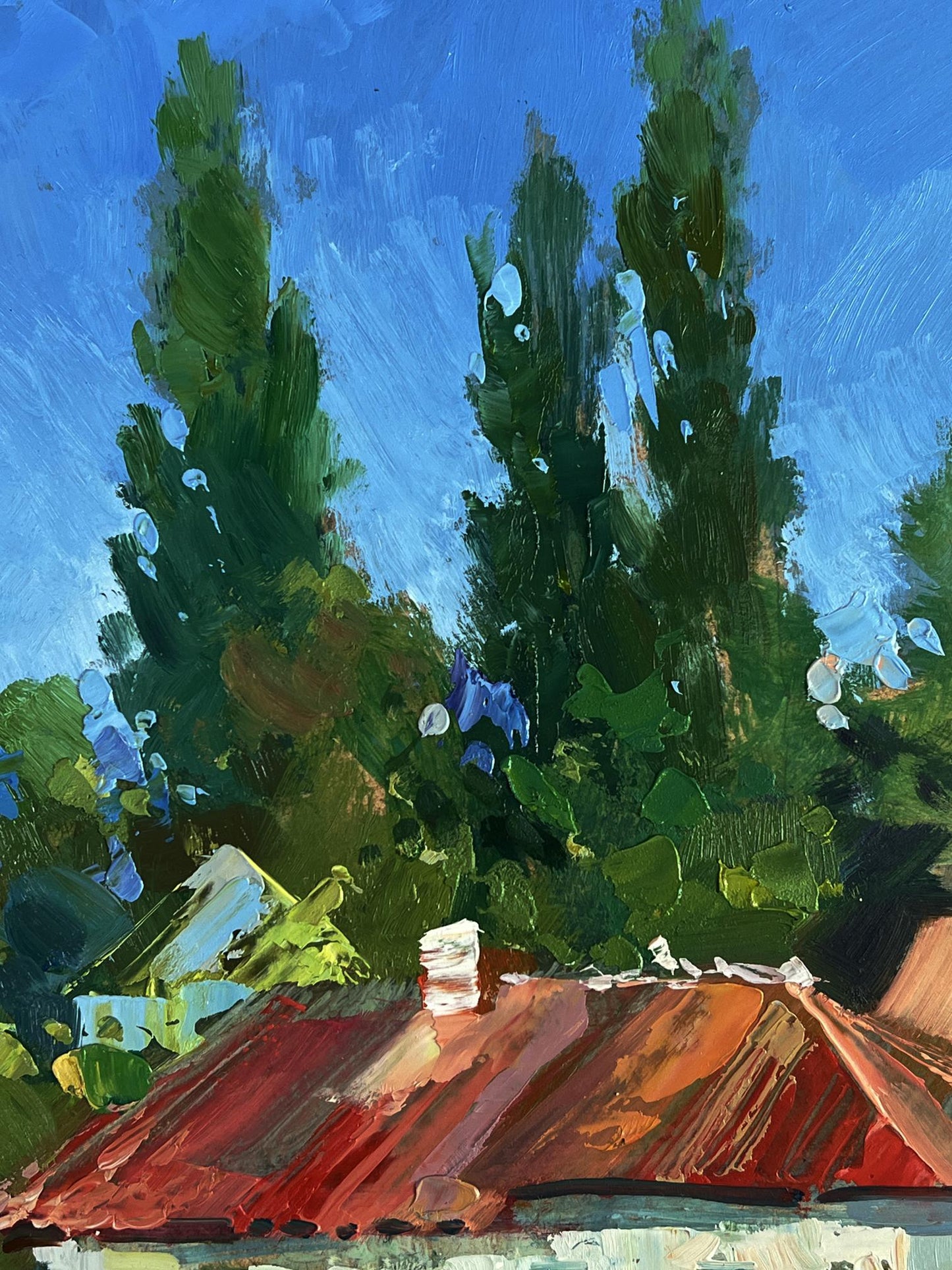 Oil painting of red corrugated roof, white chimney by Yuriy Suprunchuk