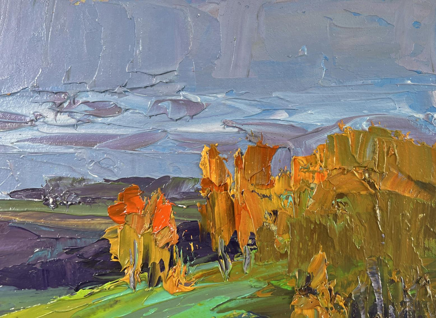 Oil painting When the evening sun gilded the silence by Boris Serdyuk, textured autumn trees