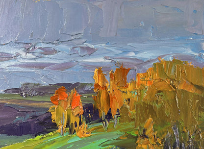 Oil painting When the evening sun gilded the silence by Boris Serdyuk, textured autumn trees