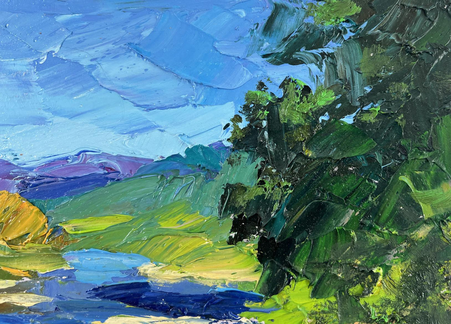 Impasto oil painting of river, mountains by Boris Serdyuk