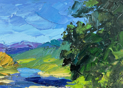 Impasto oil painting of river, mountains by Boris Serdyuk