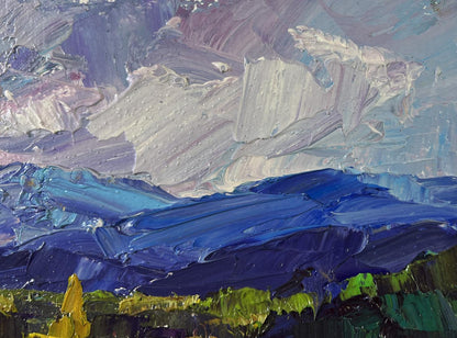 Oil painting Haystack in the mountains by Boris Serdyuk, impressionist sky over green landscape