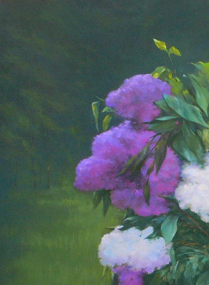 Vibrant impressionistic oil painting of purple lilac bouquet by Vasily Korkishko