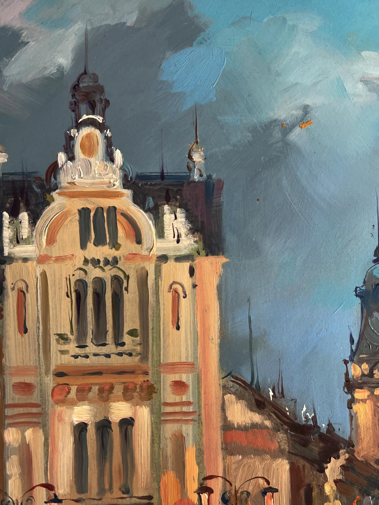 Oil painting of ornate peach city with river by Yuriy Suprunchuk