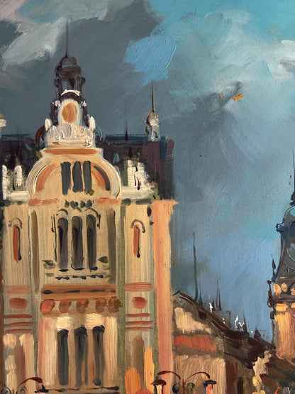 Oil painting of ornate peach city with river by Yuriy Suprunchuk