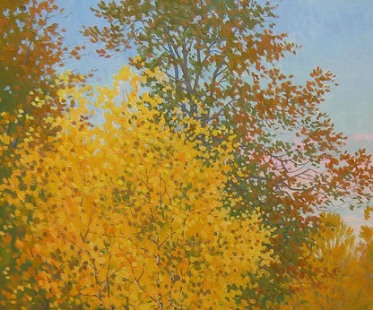 Oil painting Golden autumn nature by Valery Savenets, vibrant tree in textured style