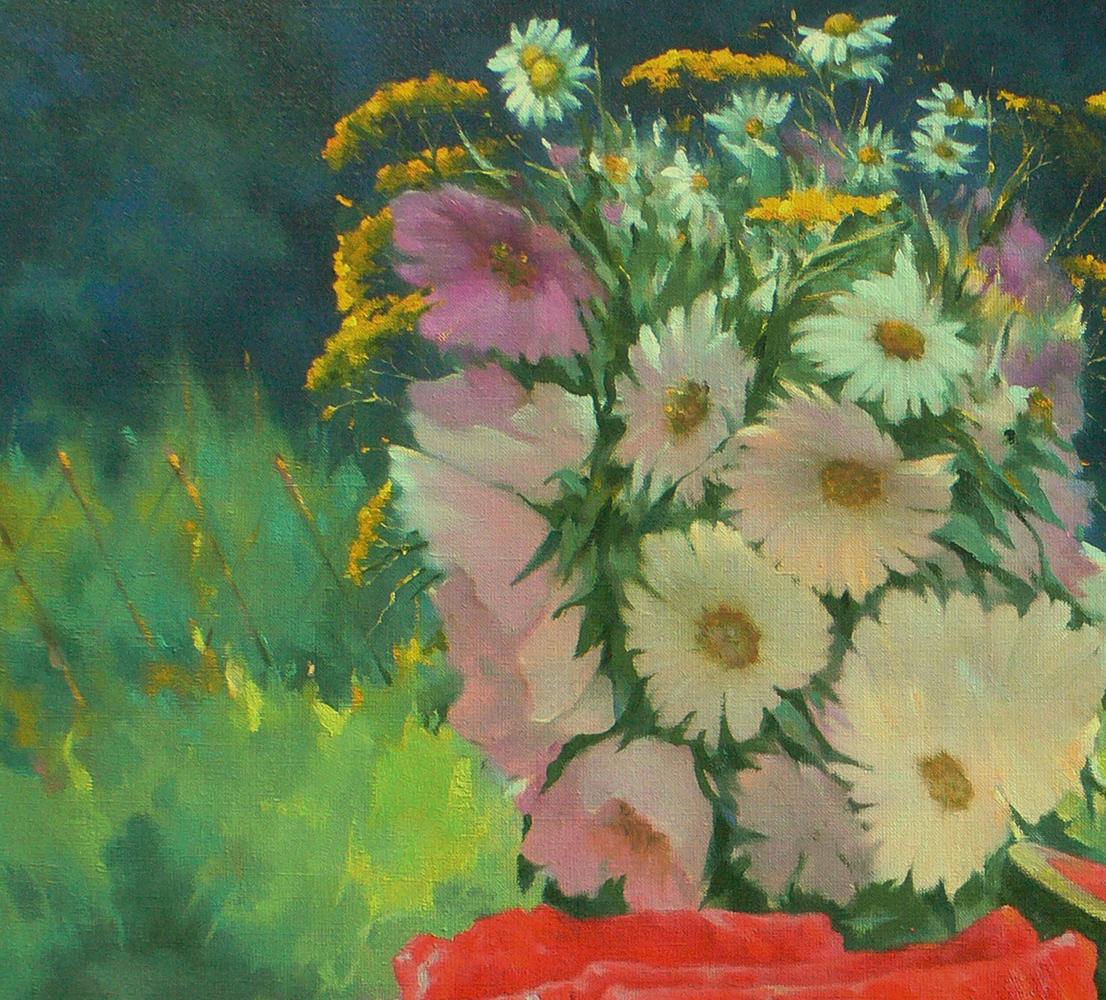 Oil painting of vibrant pink, white, yellow flowers and watermelon by Vasily Korkishko
