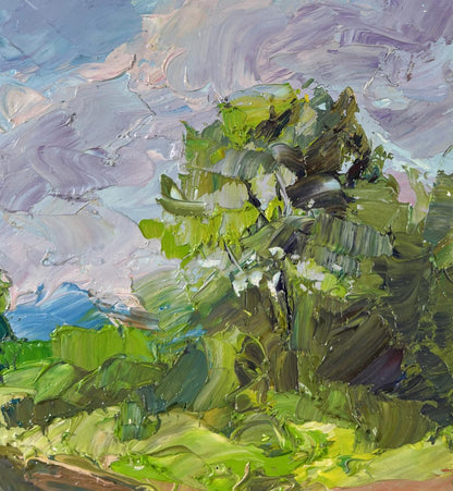 Vibrant impressionist oil painting of lush green tree by Boris Serdyuk