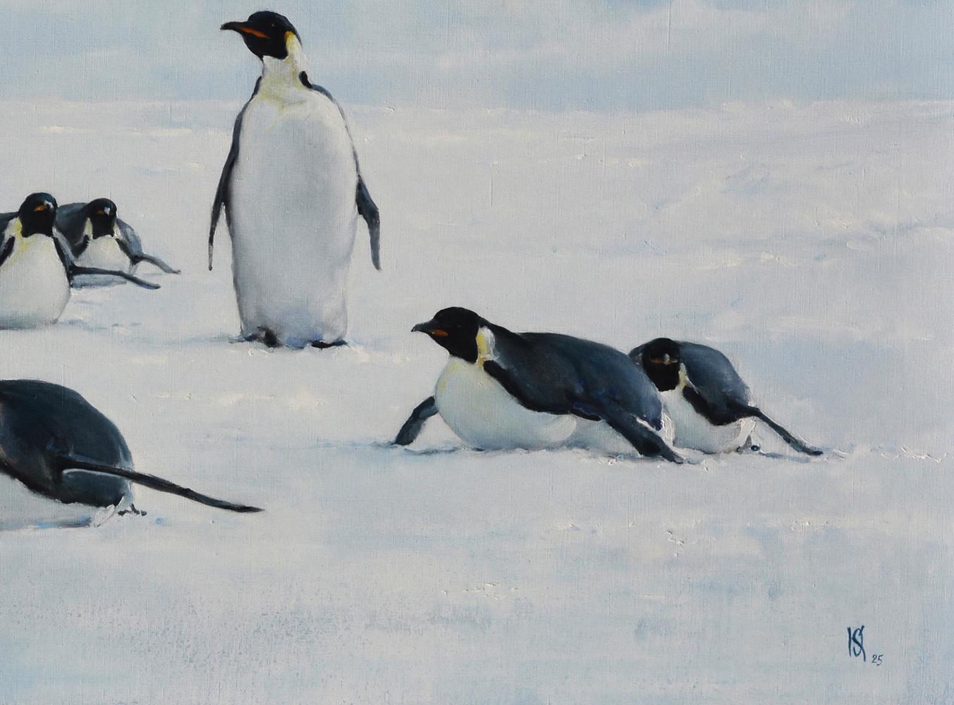 Serene oil painting of emperor penguins on ice by Oleg Kateryniuk