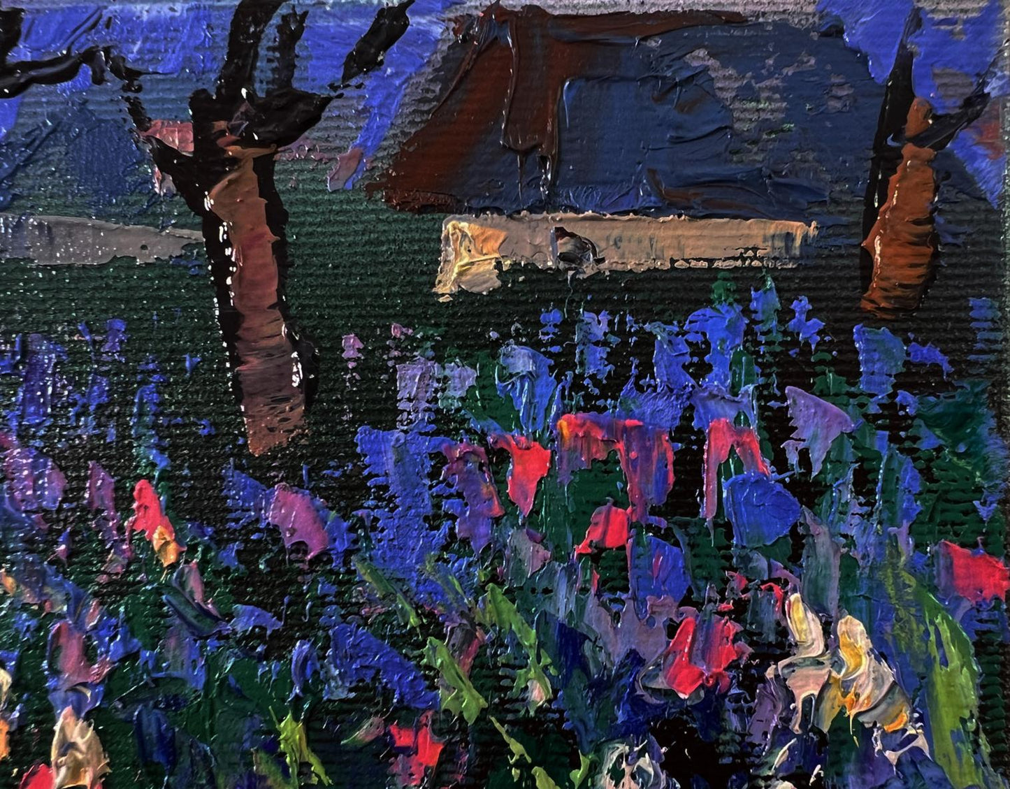 Vibrant blue and red flowers in Oleksiy Ivanyuk oil painting Flowers in the village