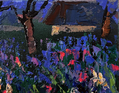 Vibrant blue and red flowers in Oleksiy Ivanyuk oil painting Flowers in the village