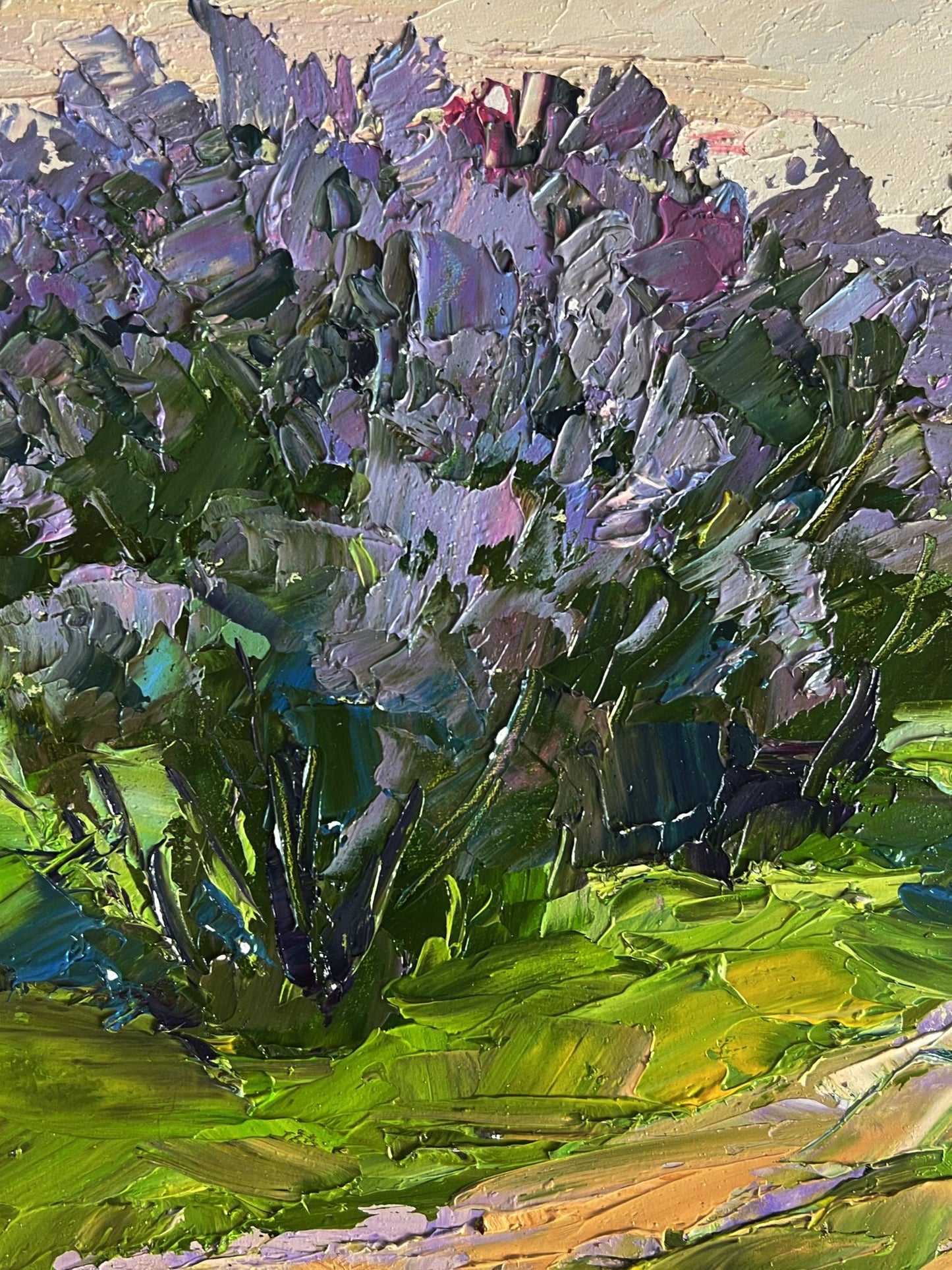Vibrant oil painting of purple flowering bush by Boris Serdyuk