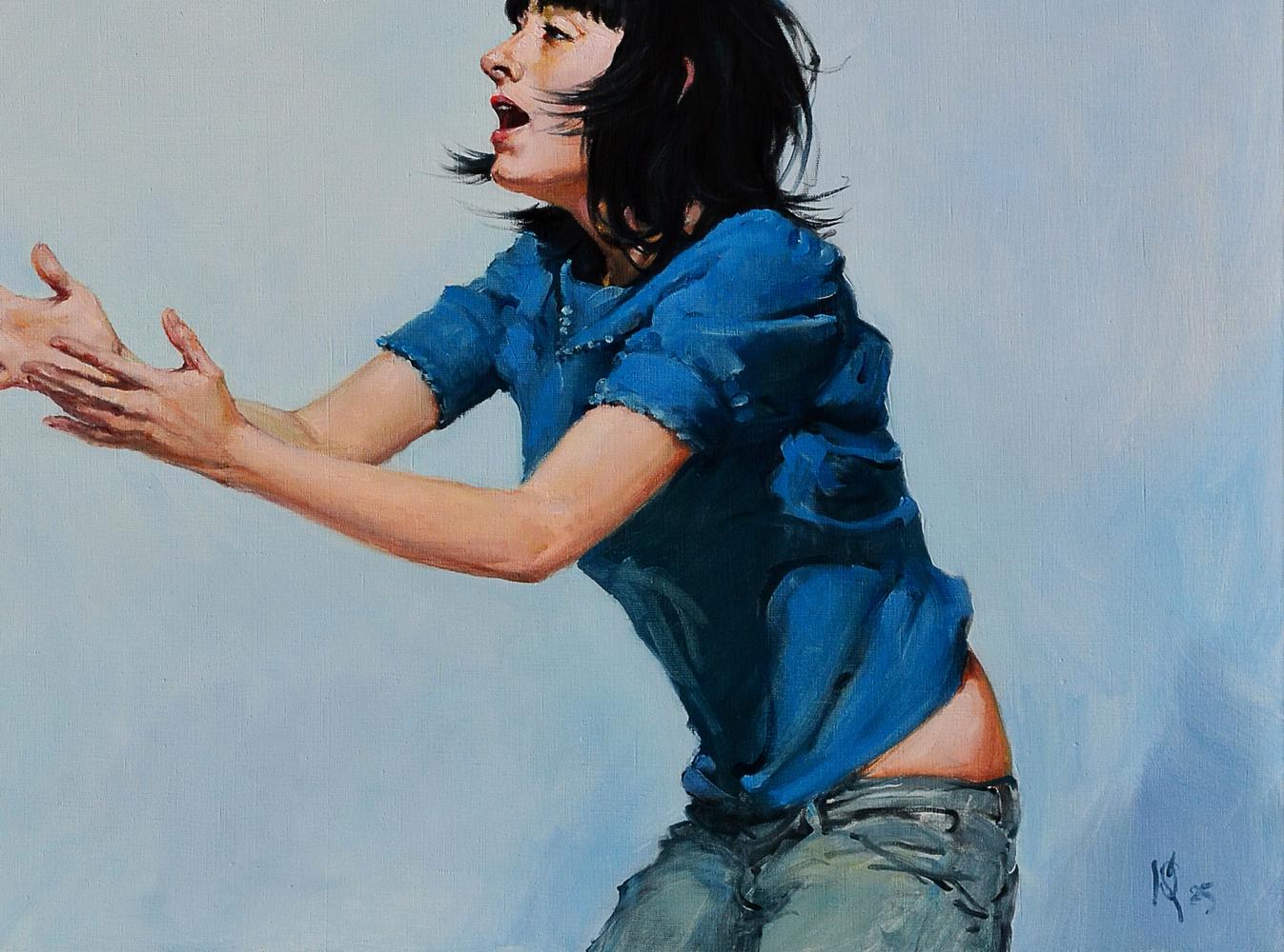 Oil painting So scare a dove by Oleg Kateryniuk: woman arms outstretched
