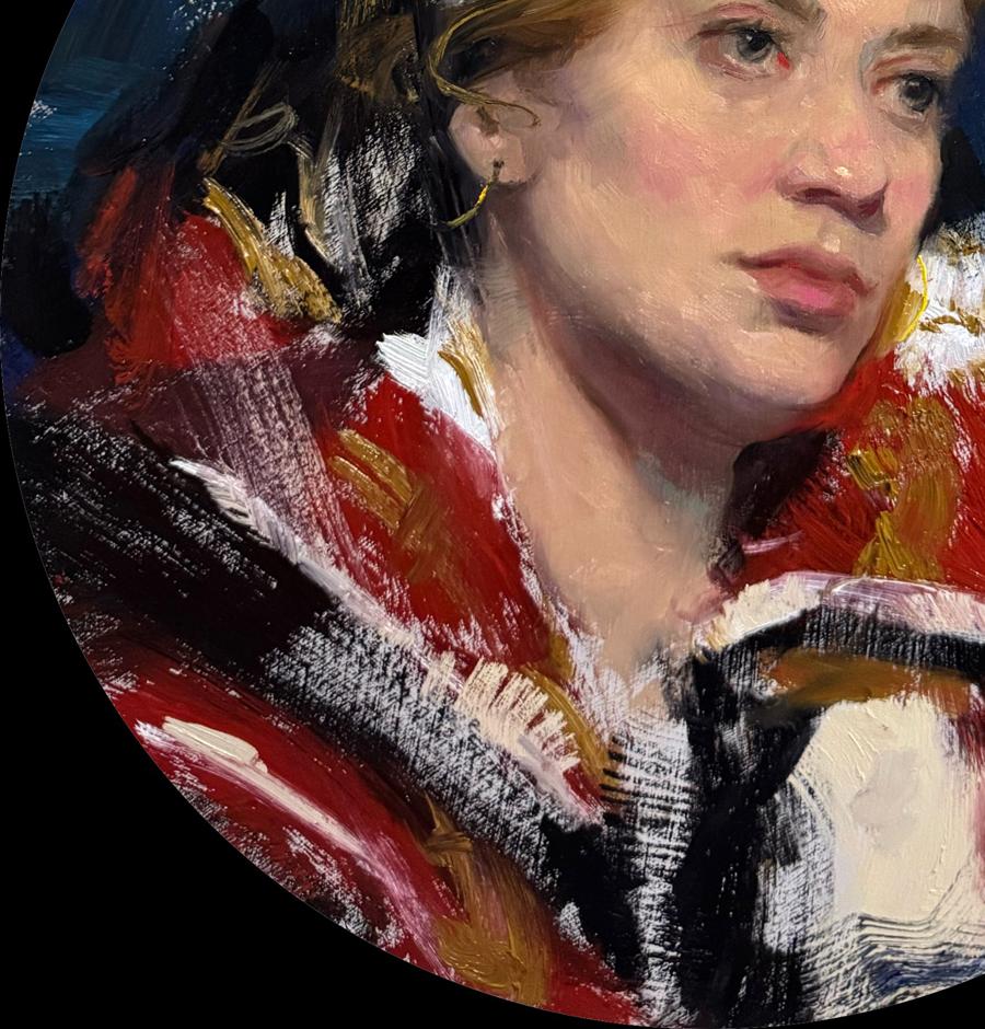 Oil painting of Bea looking into distance by Annam Butt, vibrant portrait