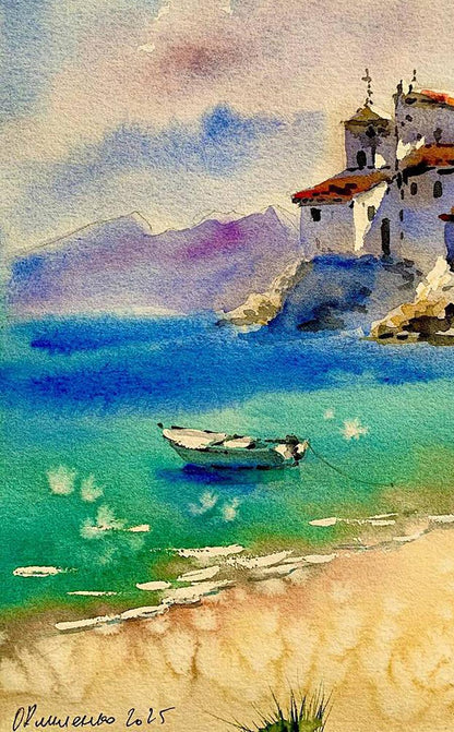 Watercolor painting Stone City on the Shore Olena Klimenko