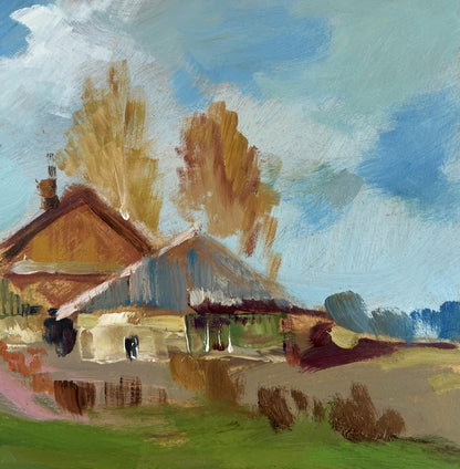 Rustic impressionistic oil painting by Yuriy Suprunchuk of village houses