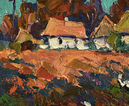 Oil painting Geese in the Village by Oksana Ivanyuk rustic landscape