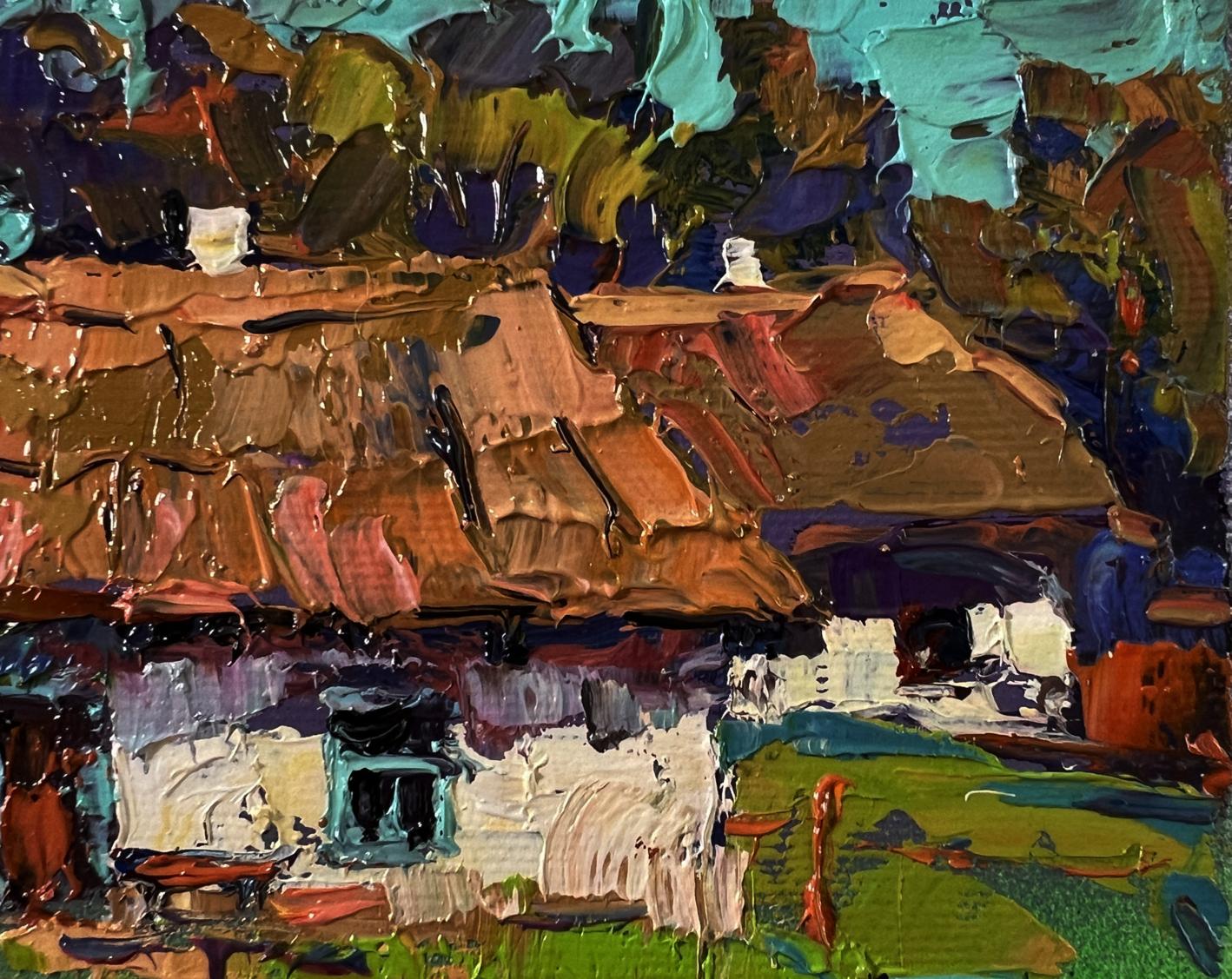 Oil painting Apiary in the Yard by Oksana Ivanyuk, impressionistic rustic house