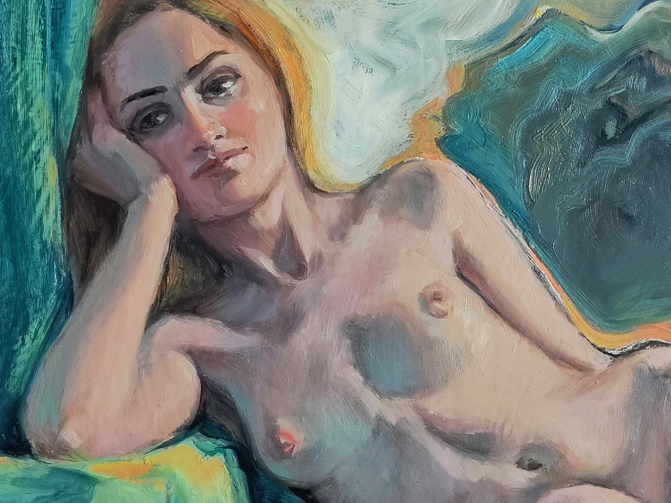 Oil painting portrait of dreamy female figure Oksana Osnach in teal yellow swirls