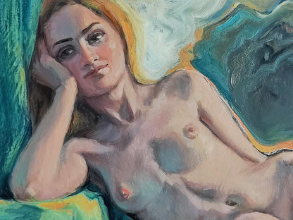 Oil painting portrait of dreamy female figure Oksana Osnach in teal yellow swirls