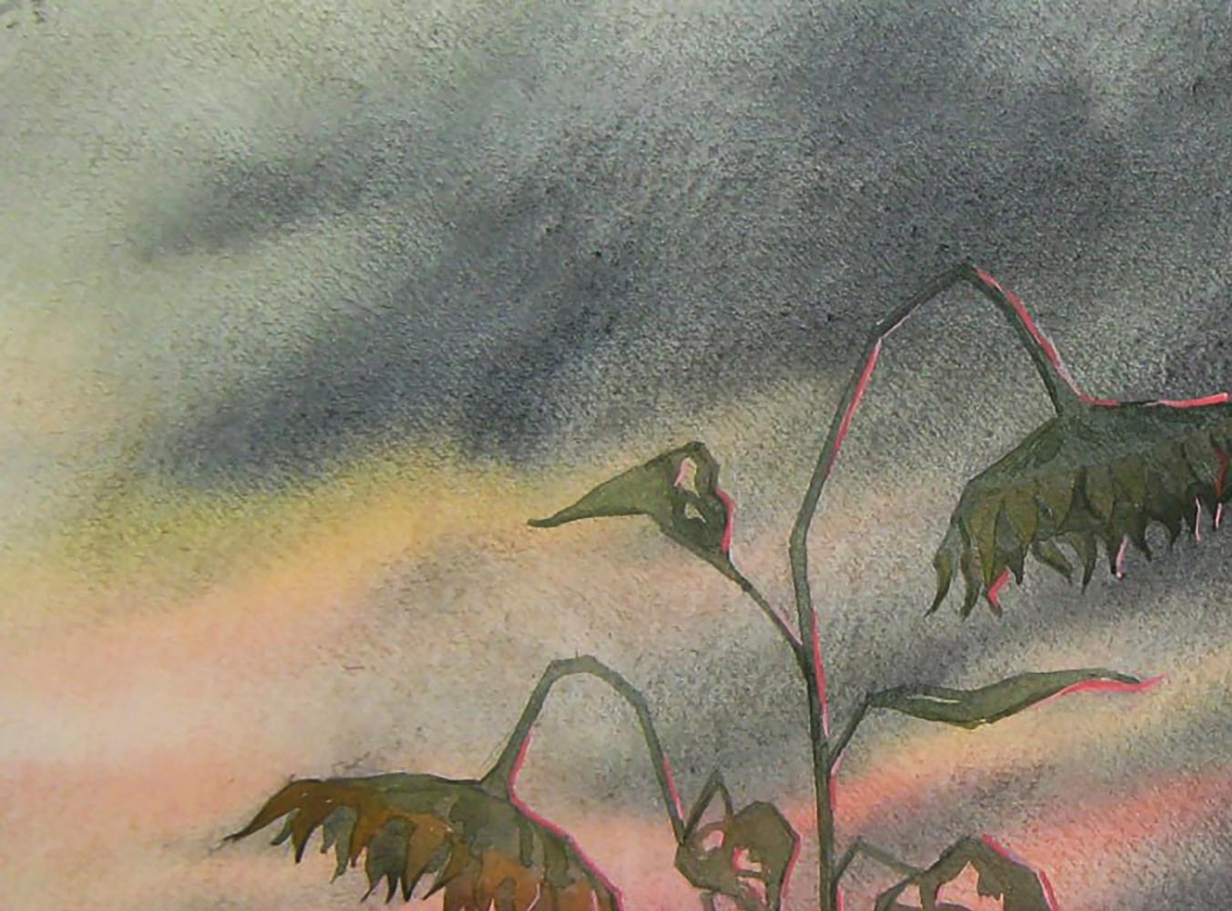 Watercolor painting of dried sunflowers at sunset by Valery Savenets